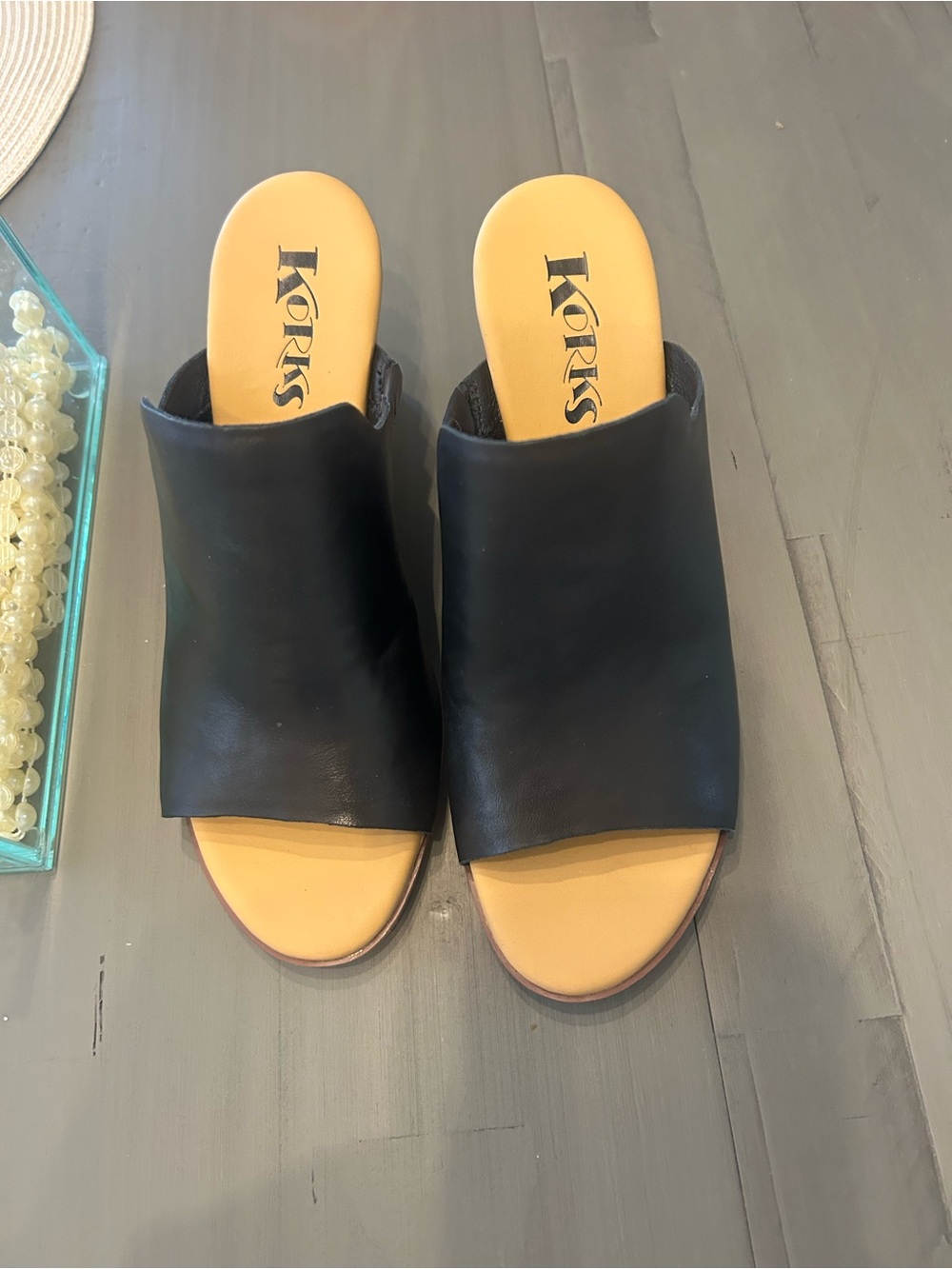 Kork-Ease Black Leather Slide Mules with Tan Insole